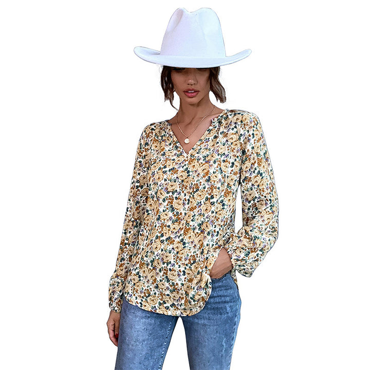 Damen Leichte V-Ausschnitt Blumenbluse mit Ballonärmeln Drune