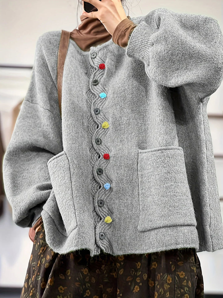 Damen Oversized Strickcardigan mit Zierknopfleiste und aufgesetzten Taschen Drune