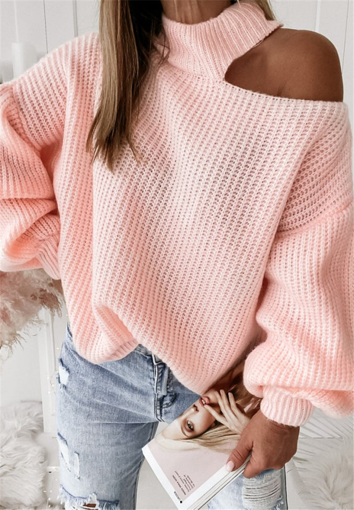 Damen lässiger Strickpullover mit offener Schulter und hohem Kragen Drune