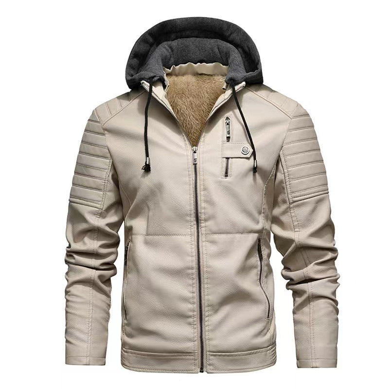 Herren Lederjacke mit abnehmbarer Kapuze Drune