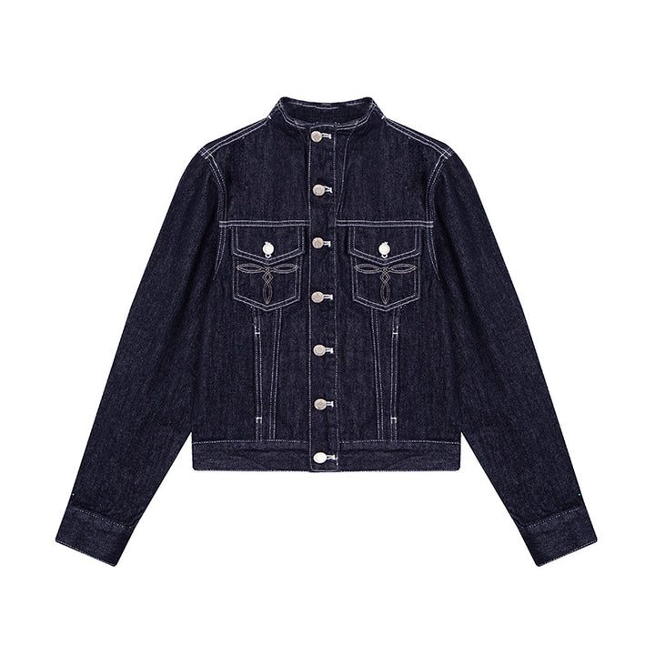 Damen Taillierte Jeansjacke mit Stehkragen, Ziernähten und Metallknopfverschluss Drune
