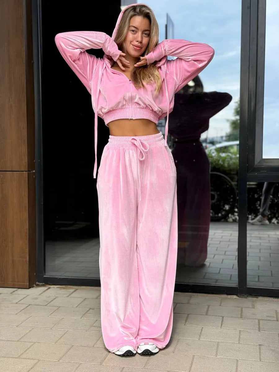 Damen samtiges Cropped-Kapuzen-Sweatset mit taillenhoher Jogginghose Drune