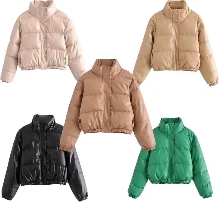 Damen nan kurze gesteppte Kunstleder-Steppjacke mit hohem Stehkragen, Druckknopf-Leiste und verstellbarem Kordelzugsaum Drune