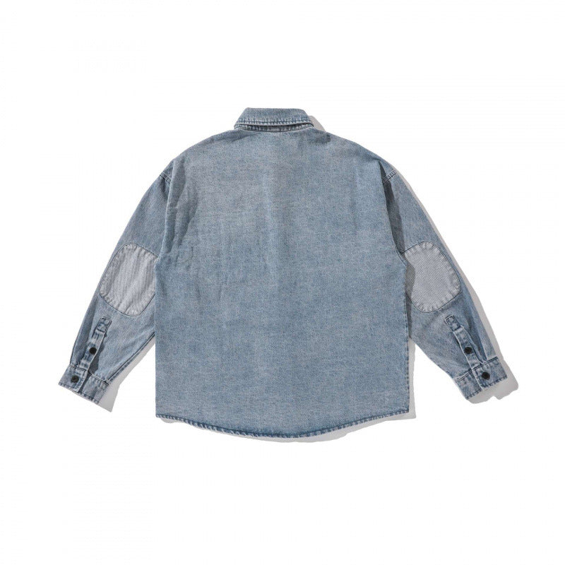 Unisex Kastenförmige Oversized Denim Hemdjacke mit Brusttasche und verwaschener Optik Drune