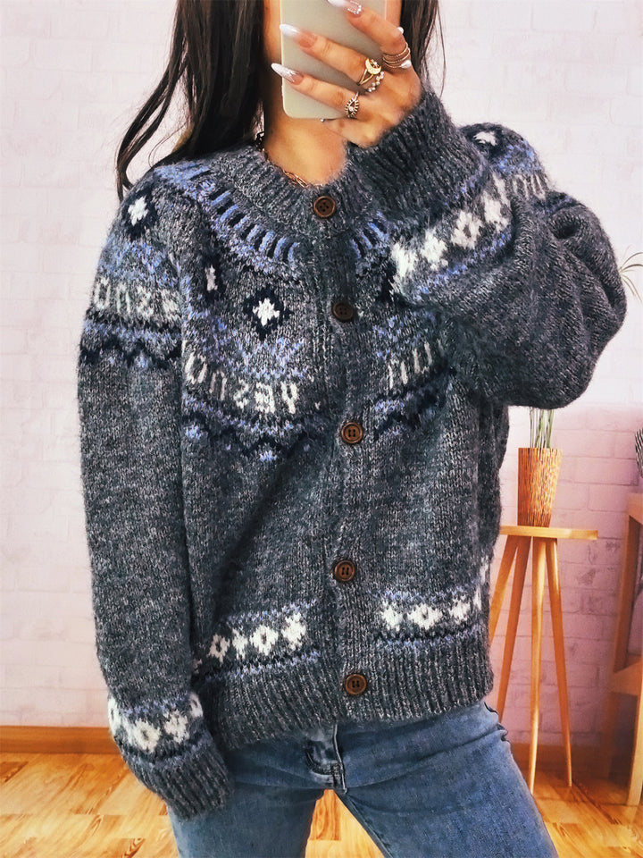 Damen kuschelige Strickjacke mit traditionellen Motiven und Knopfverschluss Drune