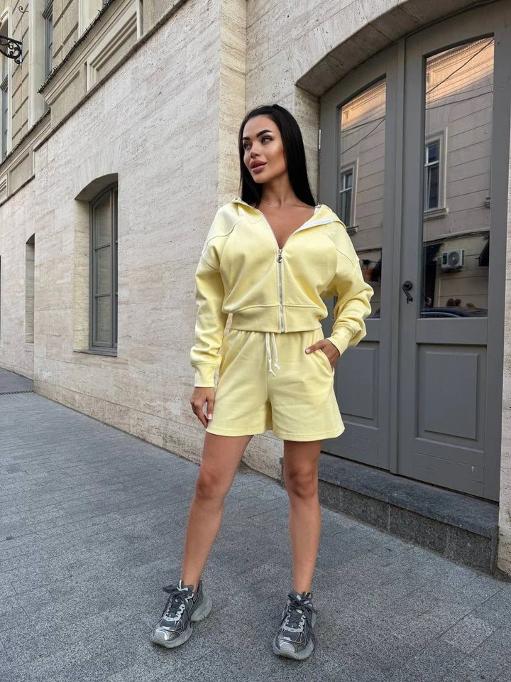 Damen Freizeit-Jogginganzug mit Zip-Hoodie und lockeren Shorts Drune