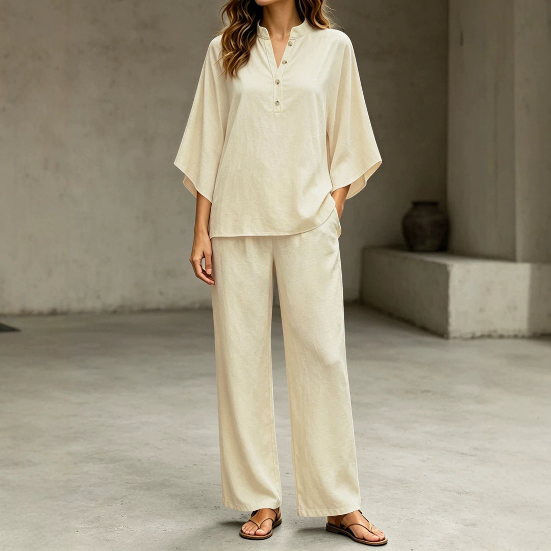 Damen Lässiges Zweiteiler‑Set mit Stehkragen‑Henleytop und weitem High‑Waist Palazzo‑Hose Drune