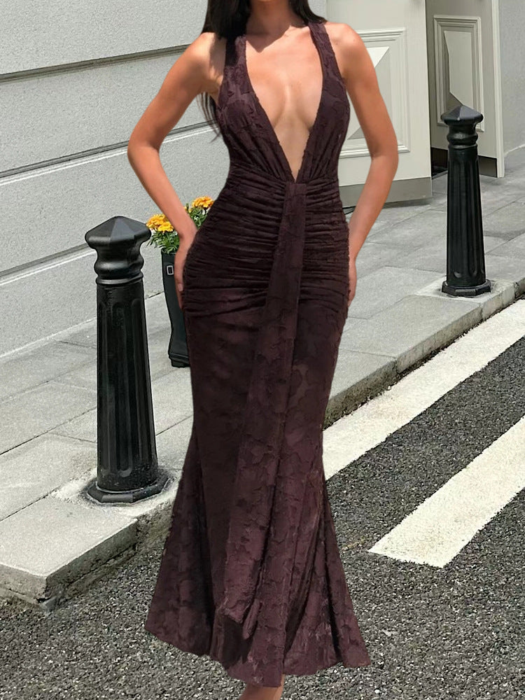 Damen Elegantes Maxikleid mit tiefem V-Ausschnitt und gerafftem Design Drune