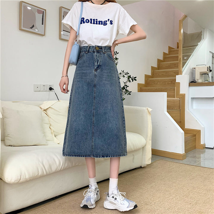 Damen Langer Jeansrock mit hohem Schnitt und dekorativen Nähten Drune