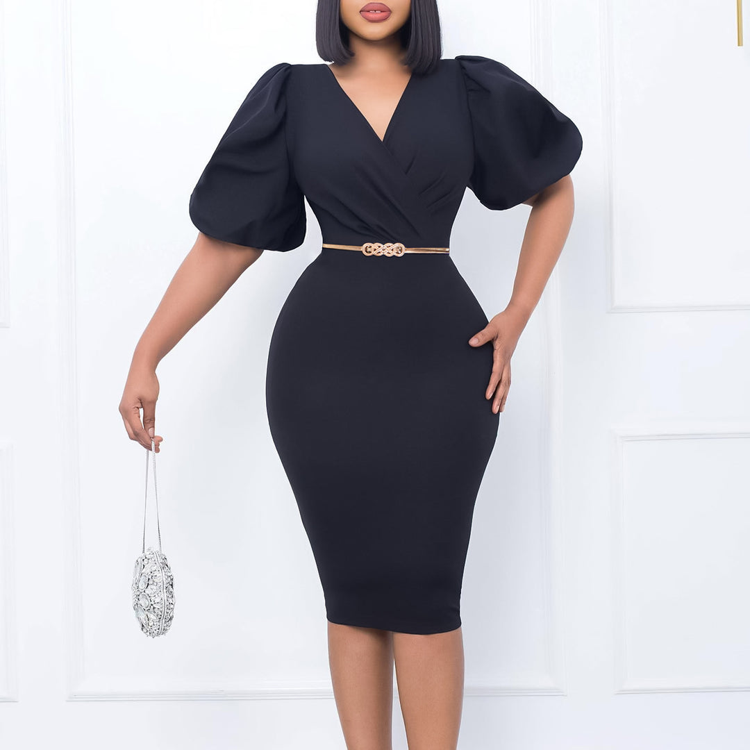 Damen Etui-Kleid mit eleganten Puffärmeln und modischem Taillengürtel Drune