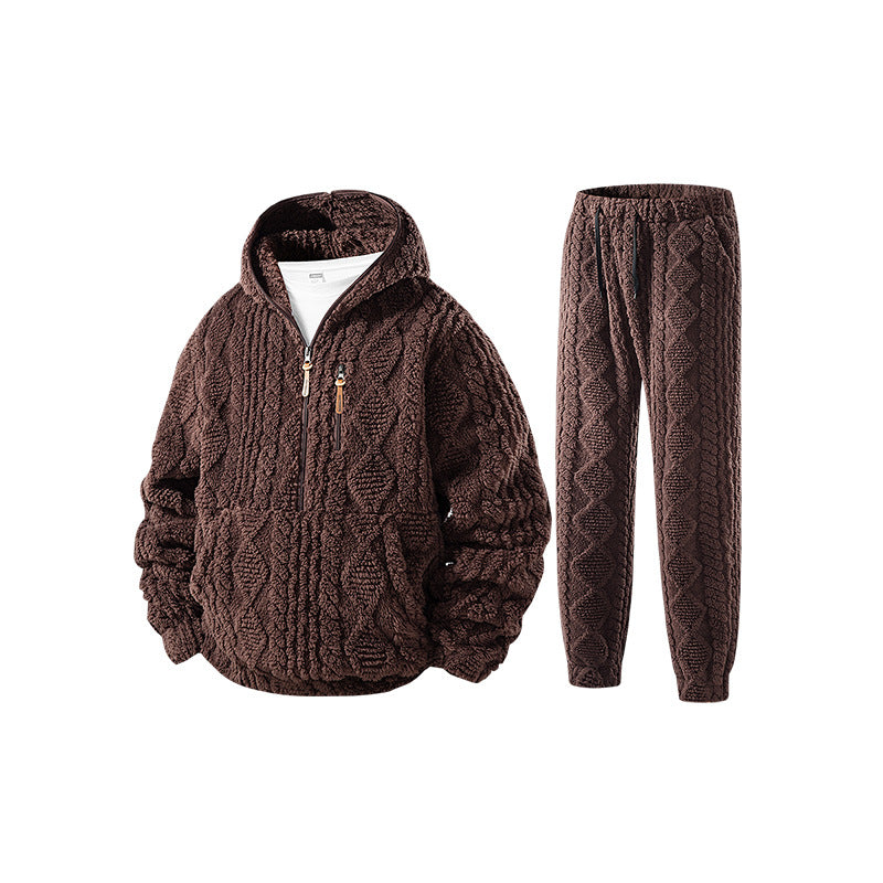 Damen Kuschel-Set aus Kapuzen-Halbzip-Pullover und Jogginghose in Kabelstrick-Fleece Drune