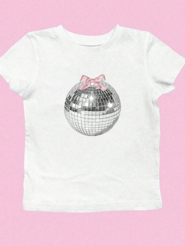 Damen T-Shirt mit funkelndem Discokugel-Motiv und zeitgemäßem Schleifendetail Drune