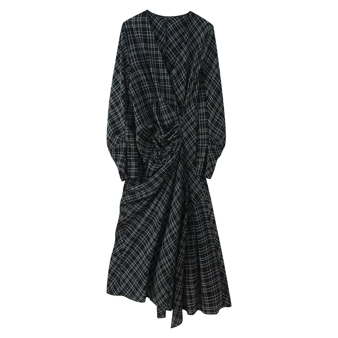 Damen nan asymmetrisches Midikleid mit Knoten-Drapierung und Balloon-Ärmeln Drune