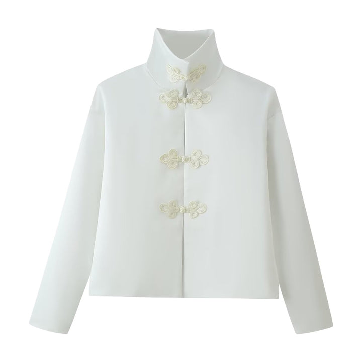 Damen Cropped-Jacke im Mandarin-Stil mit dekorativen Froschverschlüssen und kastigem Schnitt Drune