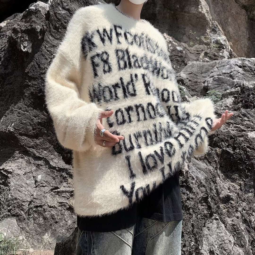 Unisex Oversized Strickpullover mit kreativem Schriftzug und gemütlichem Schnitt Drune
