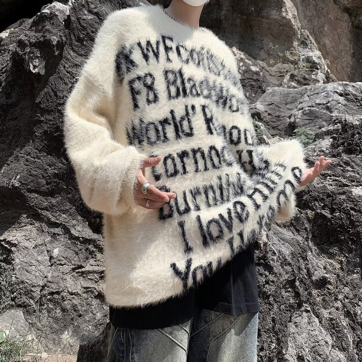 Unisex Oversized Strickpullover mit kreativem Schriftzug und gemütlichem Schnitt Drune