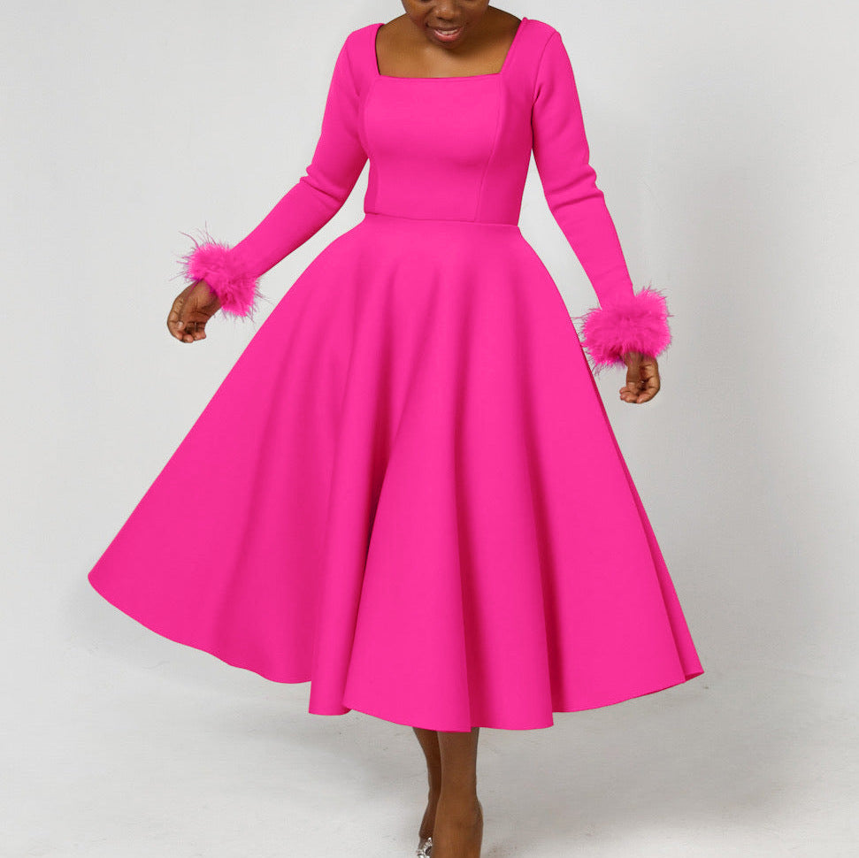 Damen Kleid mit quadratischem Ausschnitt und modischen Fuchsfell-Ärmeln Drune