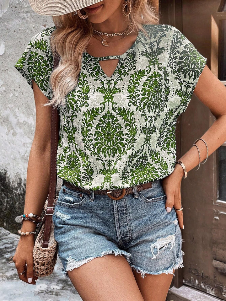 Damen Lässiges Kurzarm-Viscose-Top mit Keyhole-Ausschnitt und Barockmuster Drune