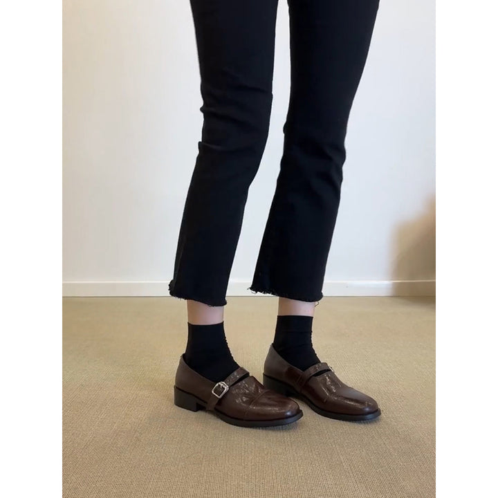 Damen Klassische Leder Mary Jane Schuhe mit verstellbarem Riemen Drune