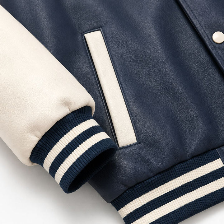 Herren Collegejacke im Letterman‑Stil mit Kunstleder‑Body, Kontrastärmeln und Chenille‑Patches Drune