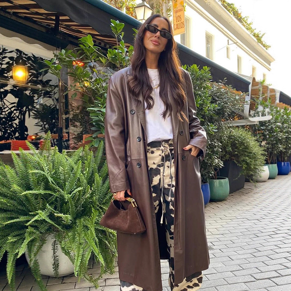 Damen langer Lederimitatmantel mit doppelreihiger Knopfleiste und Oversize-Schnitt Drune