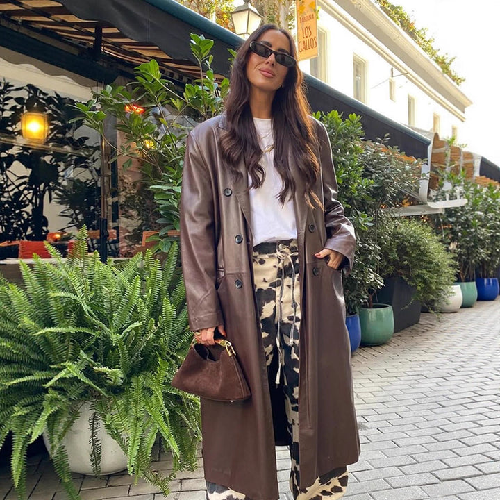 Damen langer Lederimitatmantel mit doppelreihiger Knopfleiste und Oversize-Schnitt Drune