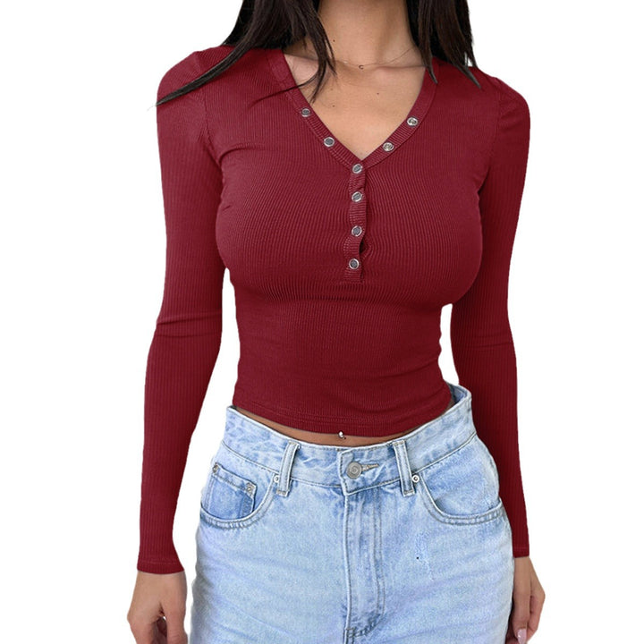 Damen nan tailliertes Ripp-Langarmshirt mit dekorativer Knopfleiste und Metallösen Drune