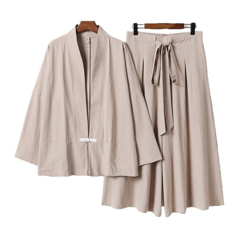 Damen Zen-inspiriertes Kimono-Set aus fließender Viskose mit kurzer Jacke und weiter Culotte-Hose Drune
