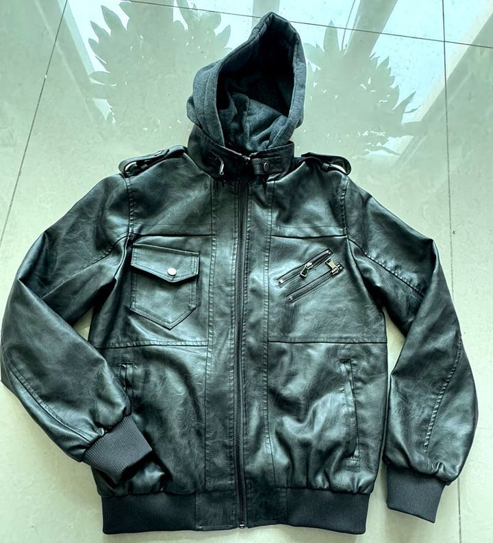HerrenStylische Lederjacke mit Kapuze und gewaschenem Finish Drune