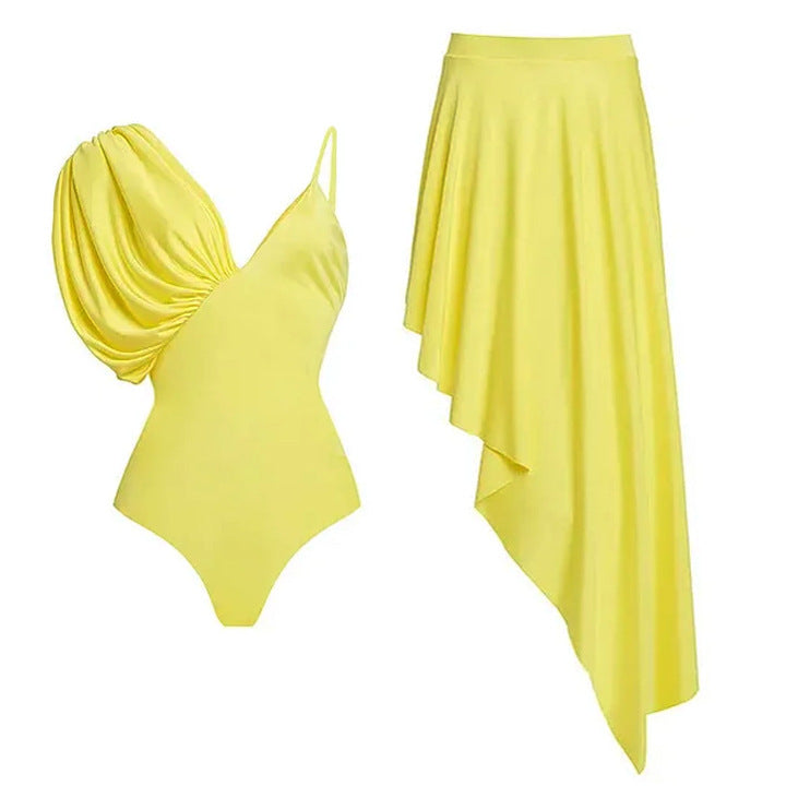 Damen asymmetrischer Einteiler Badeanzug mit voluminösen Puffärmeln Drune