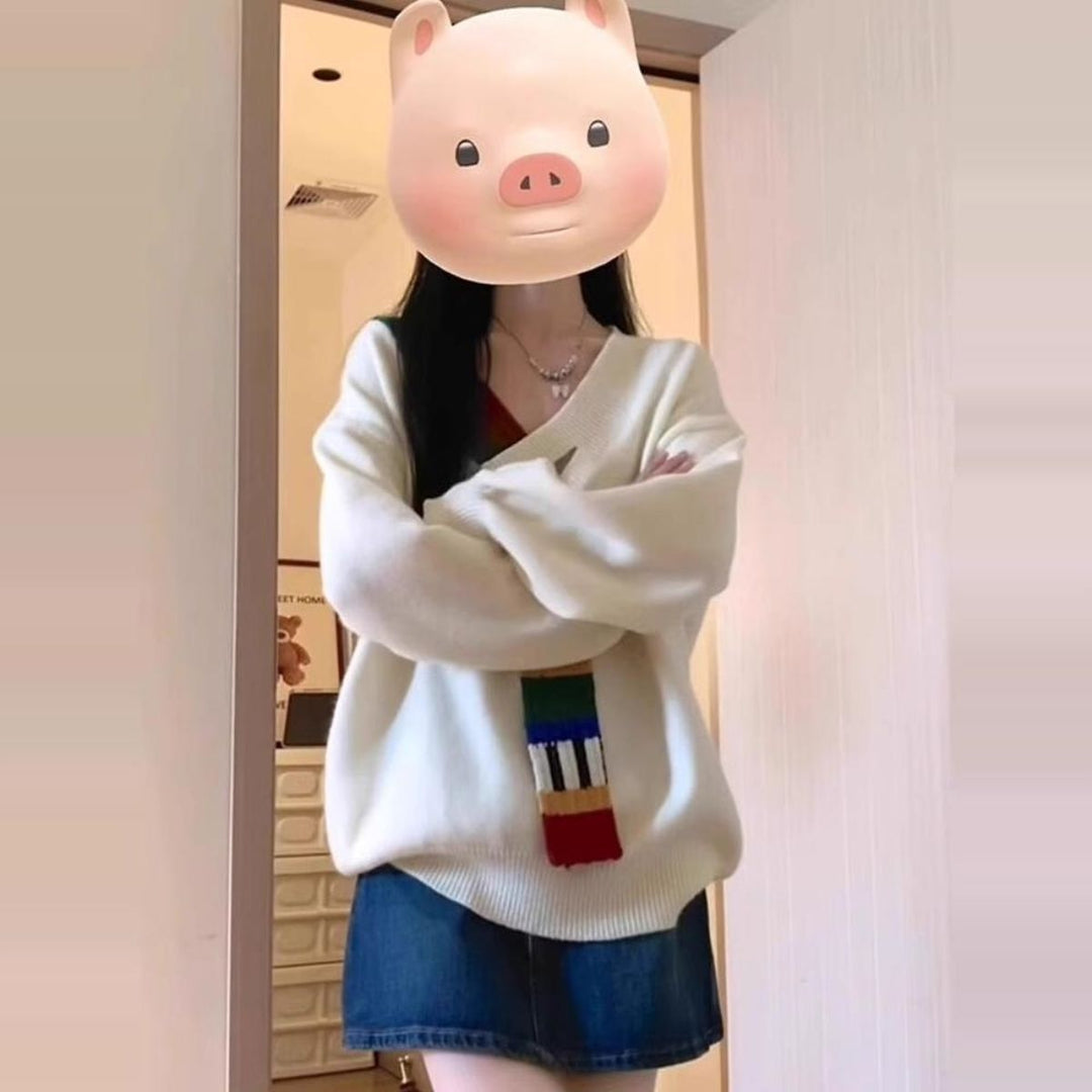 Damen Modischer Pullover mit V-Ausschnitt und bunten Streifen Drune