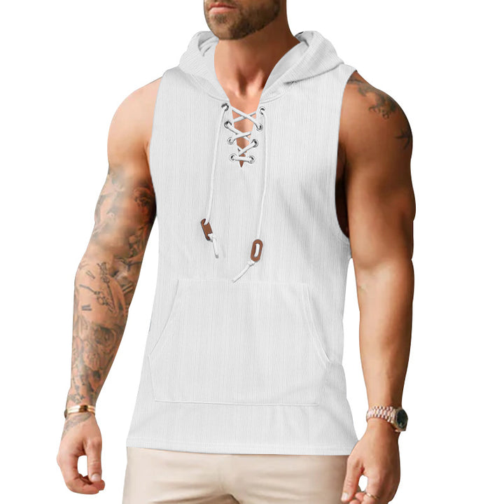 Herren nan ärmelloses Kapuzen-Sweatshirt mit Schnürkragen und Kängurutasche Drune