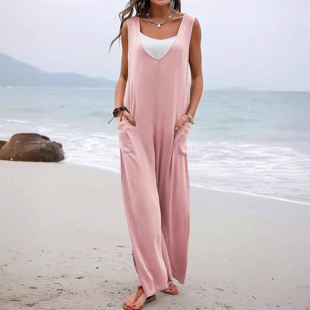 Damen lässiger Jumpsuit mit weit geschnittenem Bein und komfortablen Taschen Drune