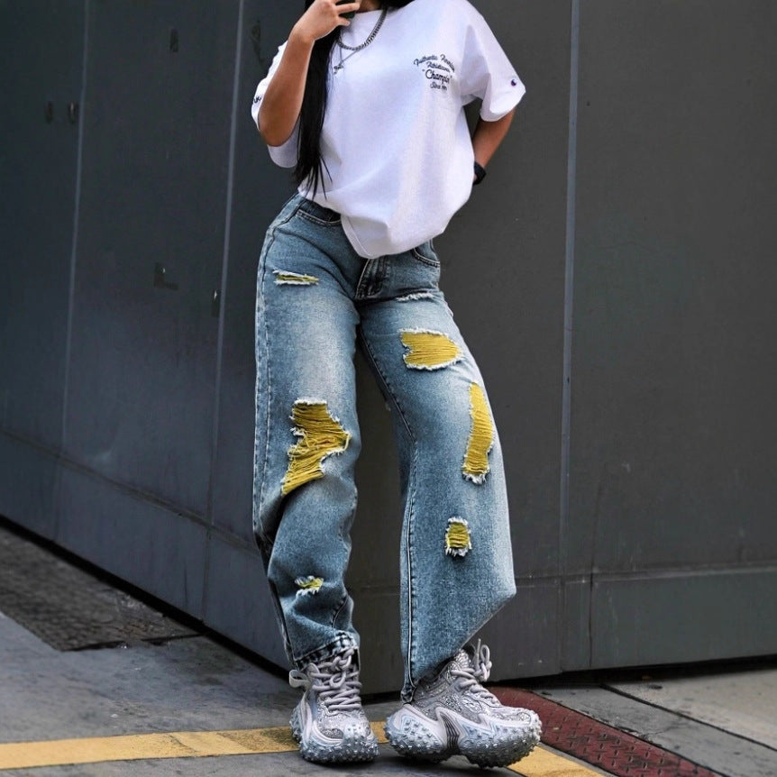 Damen weite High-Waist Jeanshose mit Destroyed-Details und kontrastierendem Unterfutter Drune
