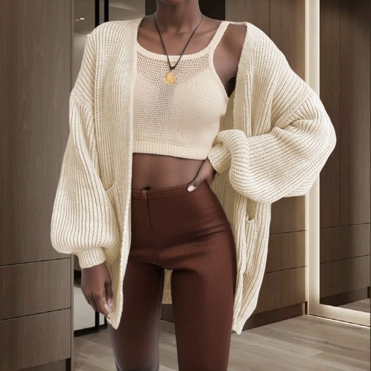 Damen Grobstrick Cardigan mit weiten Ärmeln und praktischen Taschen Drune