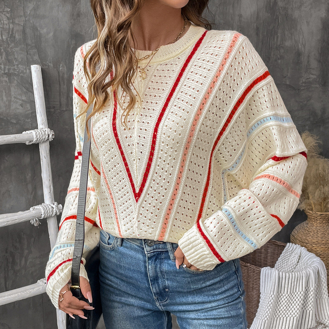 Damen Oversize-Ajourstrickpullover mit V-Streifen-Design Drune
