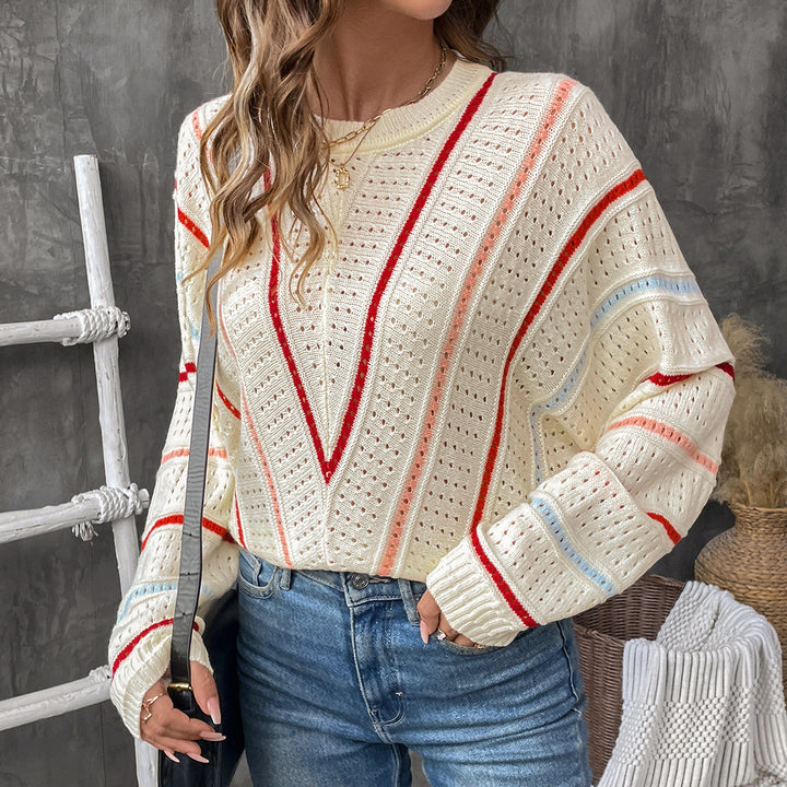 Damen Oversize-Ajourstrickpullover mit V-Streifen-Design Drune