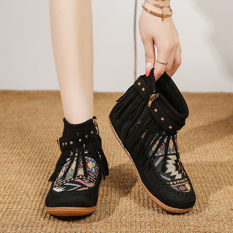 Damen Fransen-Short-Boots aus hochwertigem Stoff mit buntem Ethno-Muster Drune
