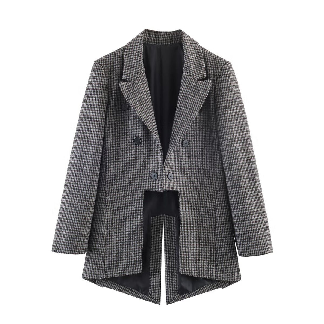 Damen Doppelreihiger Hahnentritt-Blazer mit Cutaway-Saum und Gehschlitz Drune