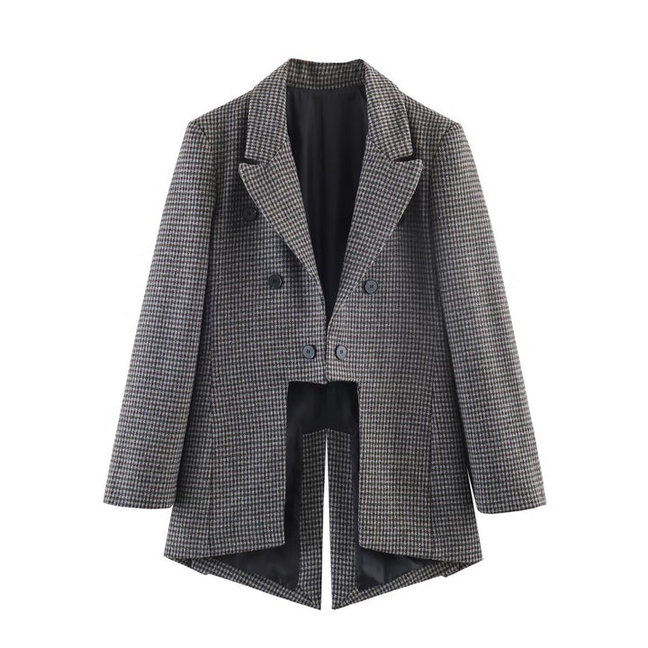Damen Doppelreihiger Hahnentritt-Blazer mit Cutaway-Saum und Gehschlitz Drune