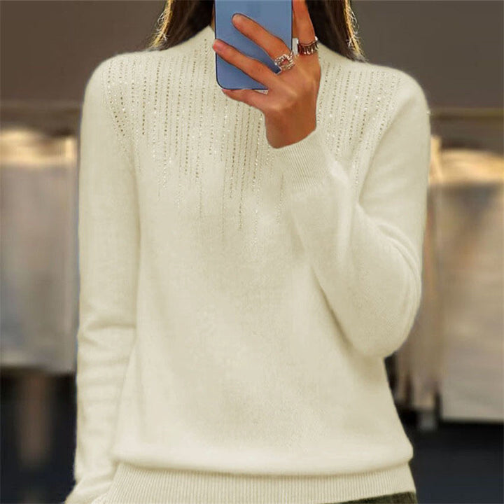 Damen nan kuscheliger Feinstrickpullover mit dezentem Strass-Einsatz am Rundhalsausschnitt und geripptem Saum Drune