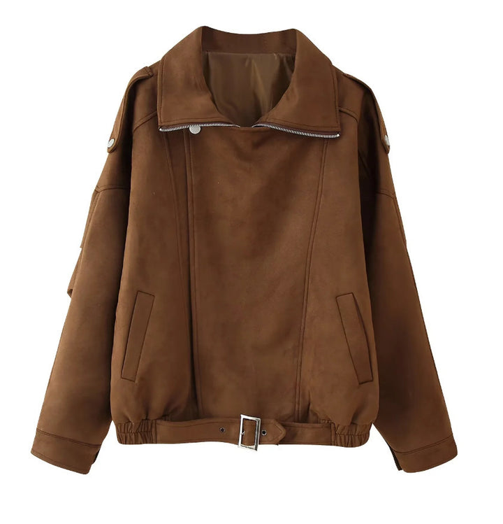 Damen weiche Wildlederjacke mit lässigem Schnitt und praktischen Taschen Drune