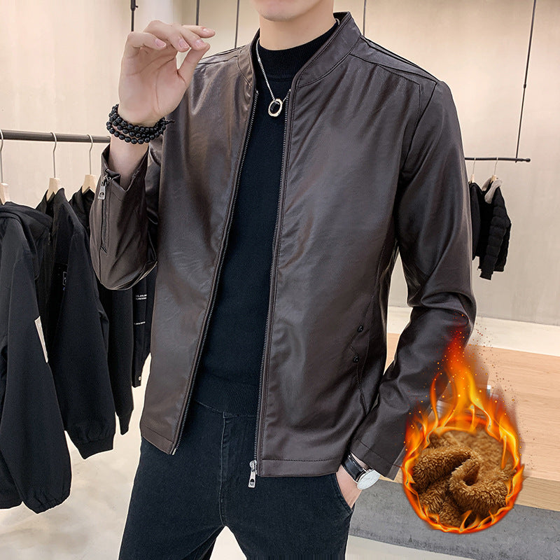 Herren schmal geschnittener Kunstleder Flightblouson mit minimalistischem Stehkragen und verdeckter Reißverschlussleiste Drune