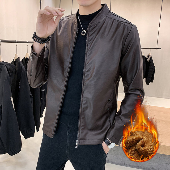 Herren schmal geschnittener Kunstleder Flightblouson mit minimalistischem Stehkragen und verdeckter Reißverschlussleiste Drune