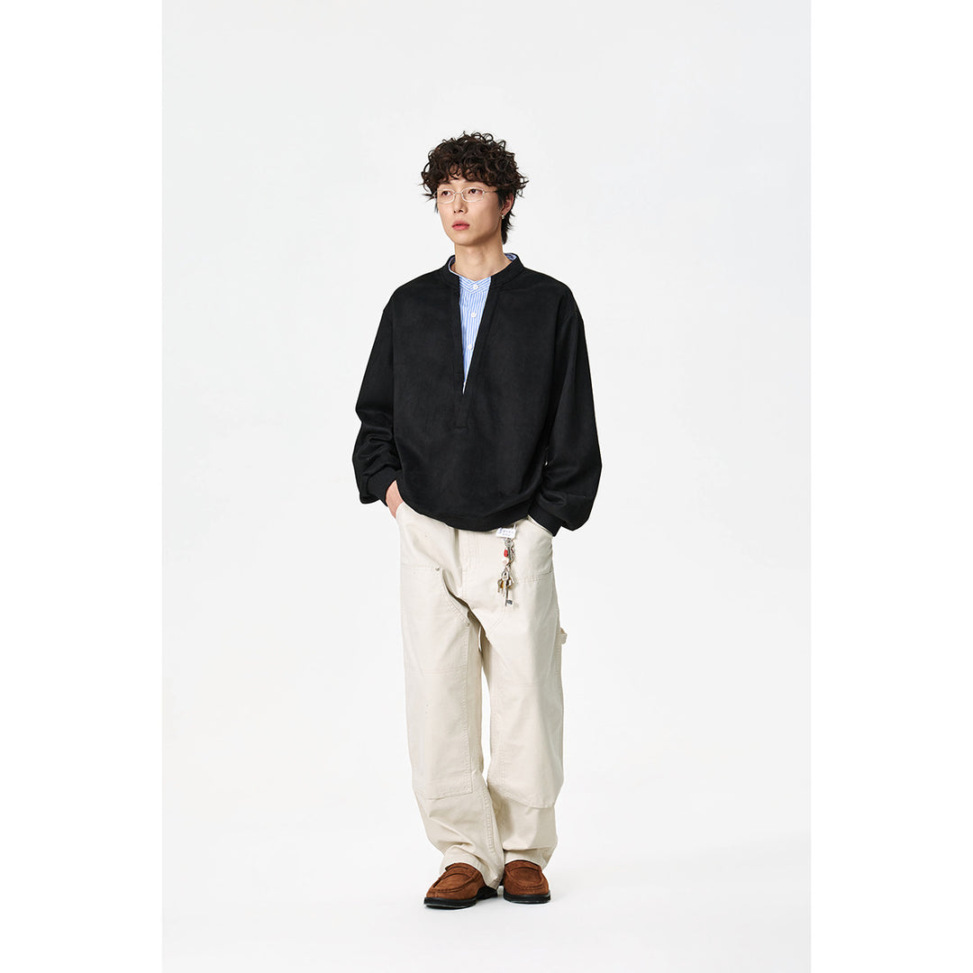 Unisex Oversize-Sweatshirt mit tiefem V-Ausschnitt und eingenähtem Hemdkragen-Einsatz Drune