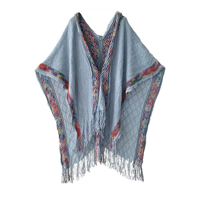 Damen Kapuzenponcho mit Fransen und gewebten Bordüren-Details Drune