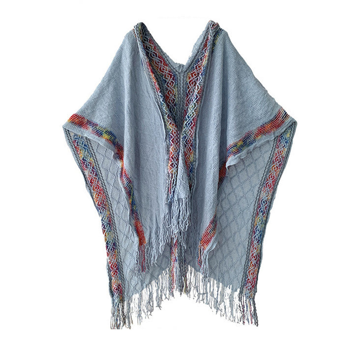 Damen Kapuzenponcho mit Fransen und gewebten Bordüren-Details Drune