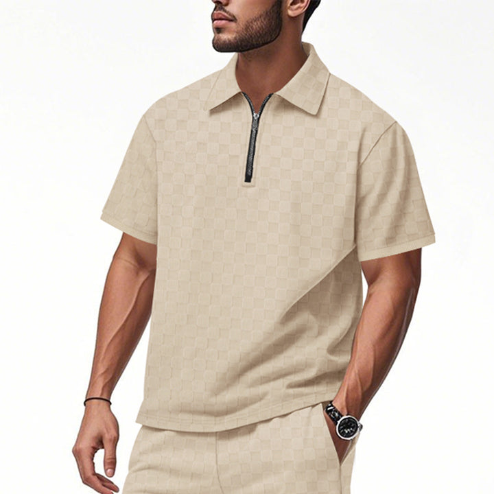 Herren nan kurzes Halbzip-Poloshirt aus strukturierter Waffelpiqué mit Hemdkragen und figurbetonter Passform Drune