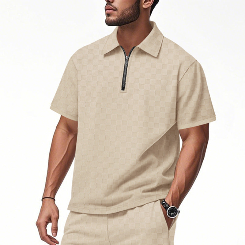Herren nan kurzes Halbzip-Poloshirt aus strukturierter Waffelpiqué mit Hemdkragen und figurbetonter Passform Drune