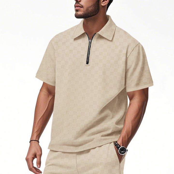 Herren nan kurzes Halbzip-Poloshirt aus strukturierter Waffelpiqué mit Hemdkragen und figurbetonter Passform Drune